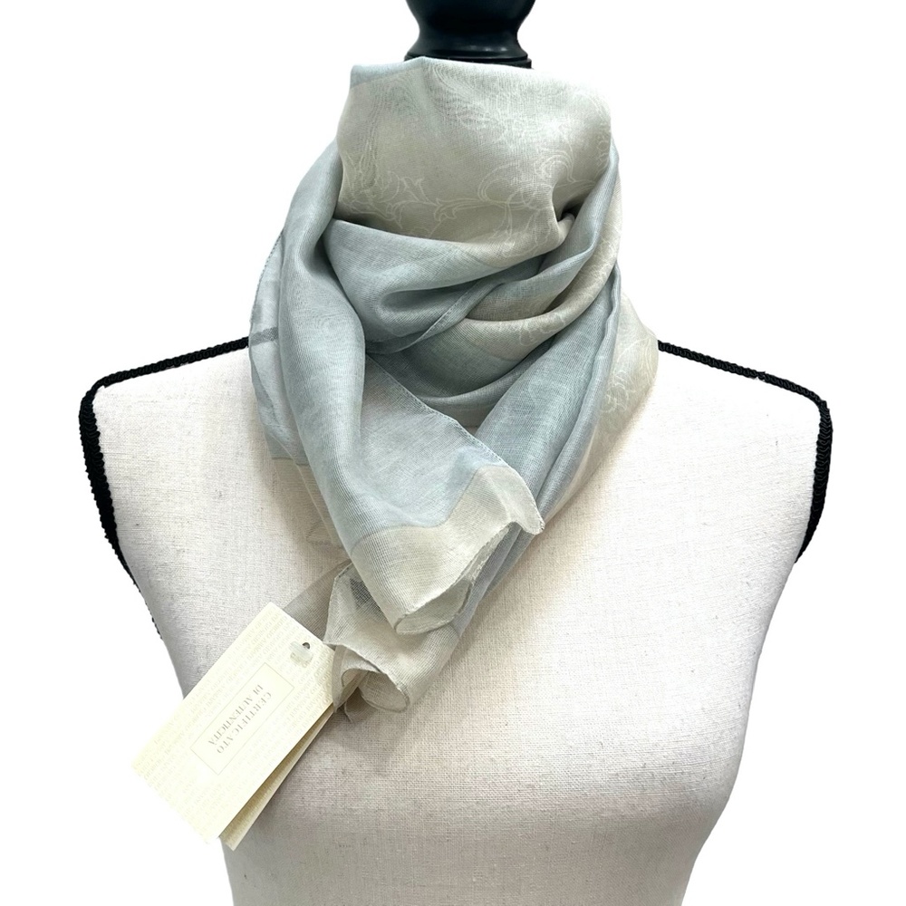 GIORGIO ARMANI LE COLLEZIONI CASHMERE/SILK BLUE & BEIGE FLORAL RECTANGLE SCARF - Picture 2 of 14